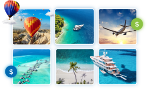 snapshot of 6 pictures - parachute, beachfront, plane, palm trees, cruise ship